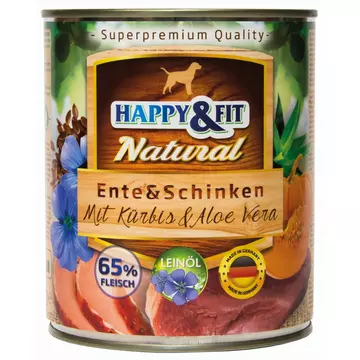 Happy&amp;Fit Natural Dog Konzerv Kacsa&amp;Sonka Sütőtökkel&amp;Aloe Verával 800g
