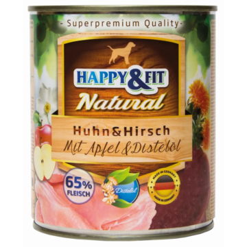 Happy&Fit Natural Dog Konzerv Csirke&Szarvas Almával&sáfrányolajjal 800g