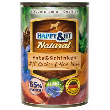 Happy&amp;Fit Natural Dog Konzerv Kacsa&amp;Sonka Sütőtökkel&amp;Aloe Verával 400g