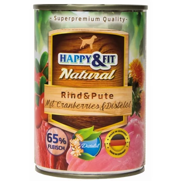 Happy&amp;Fit Natural Dog Konzerv Marha&amp;Pulyka Áfonyával&amp;Sárfányolajjal 400g