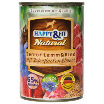 Happy&amp;Fit Natural Dog Konzerv Senior Bárány&amp;Marha Zabliszttel&amp;Lenmagolajjal 400g