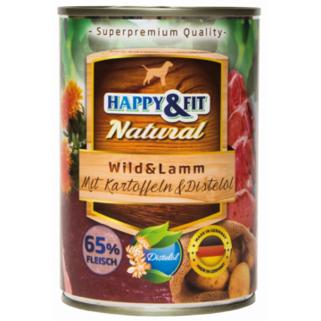 Happy&amp;Fit Natural Dog Konzerv Vadhús&amp;Bárány Burgonyával&amp;Sáfrányolajjal 400g