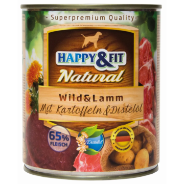 Happy&amp;Fit Natural Dog Konzerv Vadhús&amp;Bárány Burgonyával&amp;Sáfrányolajjal 800g