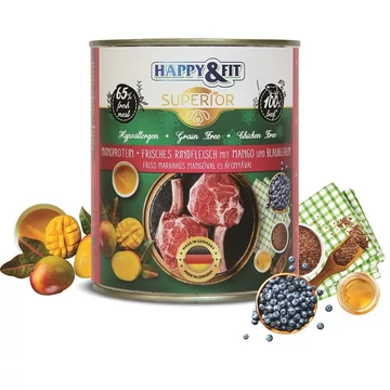 Happy&amp;Fit Superior Dog Konzerv Friss Marhahús mangóval, áfonyával 800g