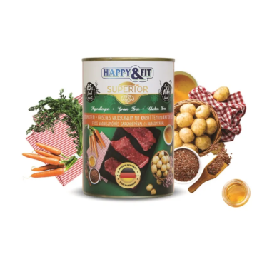 Happy&amp;Fit Superior Dog Konzerv Friss Vaddisznóhús S.répával, burgonyával 400g