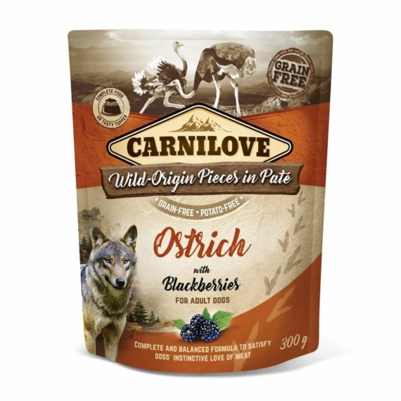 Carnilove Dog tasakos Paté Ostrich with Blackberries - Strucc szederrel 300g HU – konzerves kutyaeledel