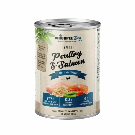 Chicopee konzerv Dog Adult Pure Poultry&Salmon fillet 400g – konzerves kutyaeledel