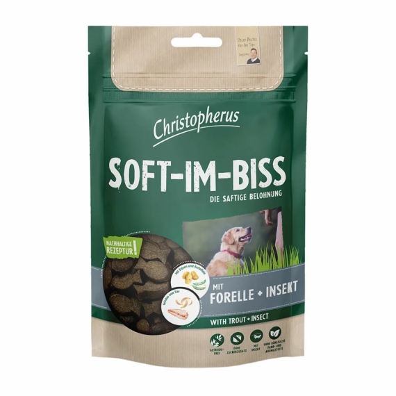 Christopherus Dog Jutalomfalat Grain Free Soft-Im-Biss Pisztráng és rovar 125g – jutalomfalat kutyáknak