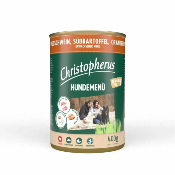 Christopherus Dog konzerv menü vaddisznó, é.burgonya, áfonya 400g – konzerves kutyaeledel