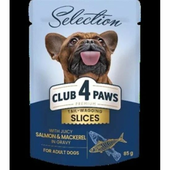 Club 4 Paws Premium Plusz Alutasakos Válogatás Lazaccal és Makrélával Szószban 85g – konzerves kutyaeledel