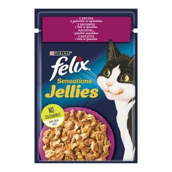 Felix Sensation Jellies Kacsával és Spenóttal Aszpikban 85g – konzerves macskaeledel