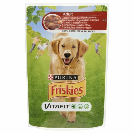 Friskies alutasak Adult Dog Báránnyal és sárgarépával szószban 100g – konzerves kutyaeledel