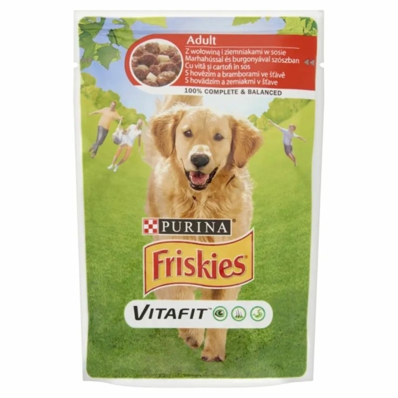Friskies alutasak Adult Dog Marhával és burgonyával szószban 100g – konzerves kutyaeledel