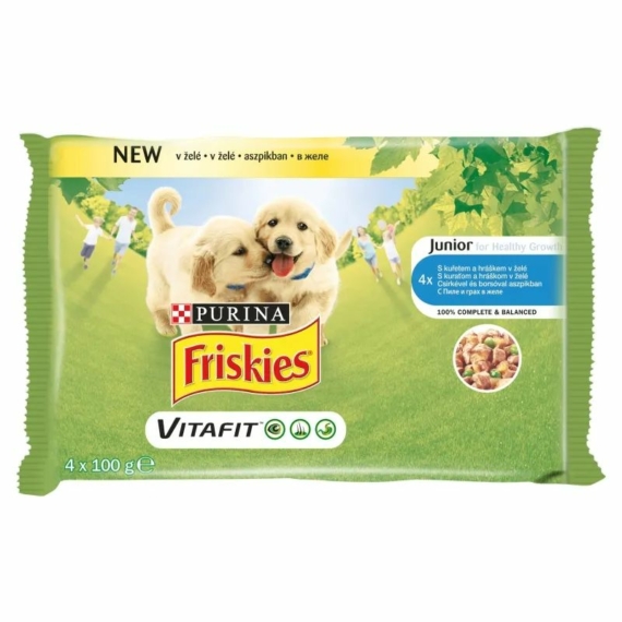 Friskies alutasak Junior Dog Multipack 4x100g Aszpikos válogatás – konzerves kutyaeledel