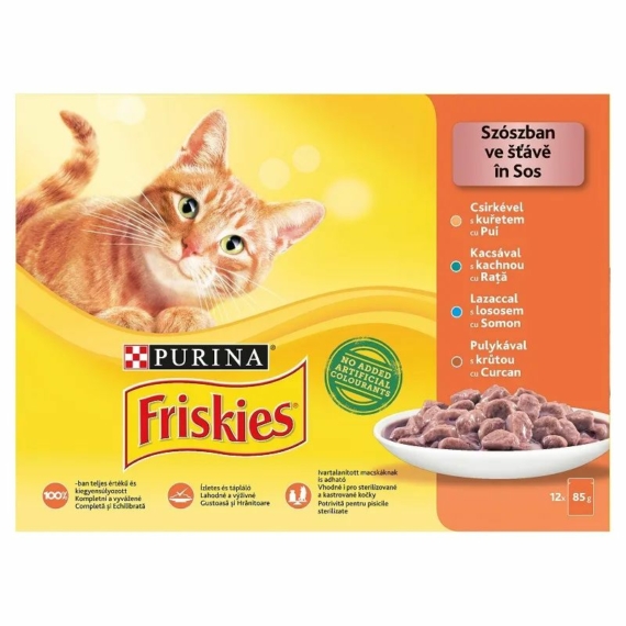 Friskies Cat alutasak 12x85g Szószban Csirkével/Kacsával/Lazaccal/Pulykával – konzerves macskaeledel