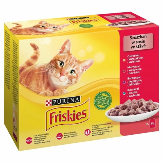 Friskies Cat alutasak 12x85g Szószban Csirkével/Marhával/Báránnyal/Kacsával – konzerves macskaeledel