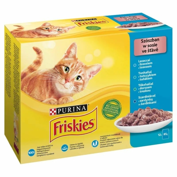 Friskies Cat alutasak 12x85g Szószban Lazaccal/Tonhallal/Szardíniával/Tőkehallal – konzerves macskaeledel