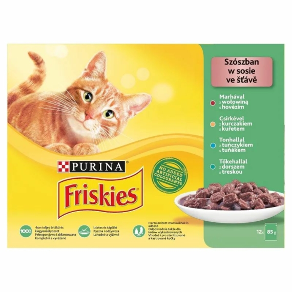 Friskies Cat alutasak 12x85g Szószban Marhával/Csirkével/Tonhallal/Tőkehallal – konzerves macskaeledel
