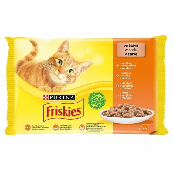Friskies Cat alutasak 4x85g Szószban Csirkével/Kacsával/Lazaccal/Pulykával – konzerves macskaeledel