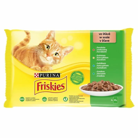 Friskies Cat alutasak 4x85g Szószban Marhával/Csirkével/Tonhallal/Tőkehallal – konzerves macskaeledel
