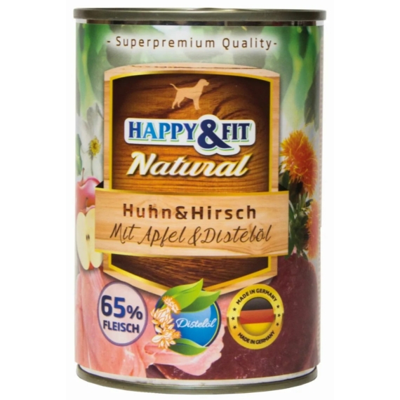 Happy&Fit Natural Dog Konzerv Csirke&Szarvas Almával&Sáfrányolajjal 400g – konzerves kutyaeledel
