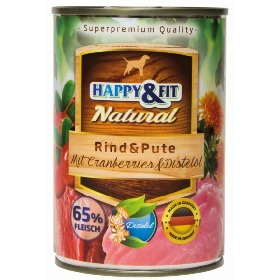 Happy&Fit Natural Dog Konzerv Marha&Pulyka Áfonyával&Sárfányolajjal 400g – konzerves kutyaeledel