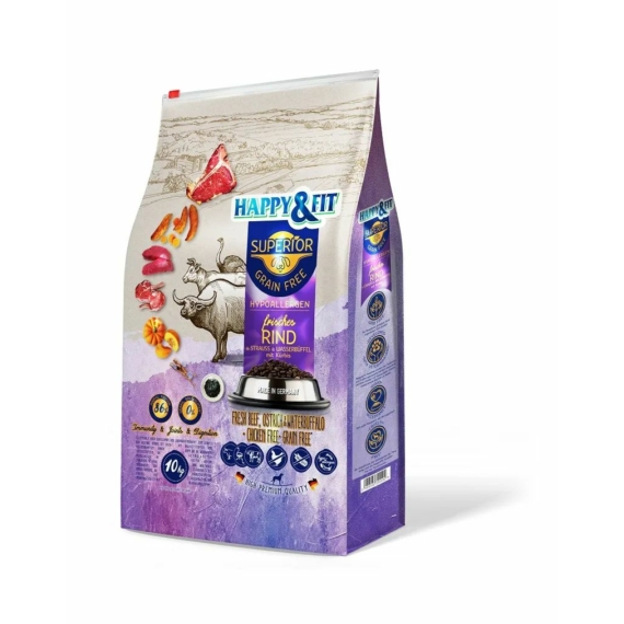 Happy&Fit Superior Hipoallergén Friss marha, strucc, vízibivaly, sütőtökkel 10kg – száraz kutyatáp