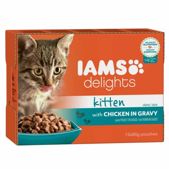 Iams Cat Delights Kitten&Junior csirke falatkák ízletes szószban, multipack 12x85g – konzerves macskaeledel