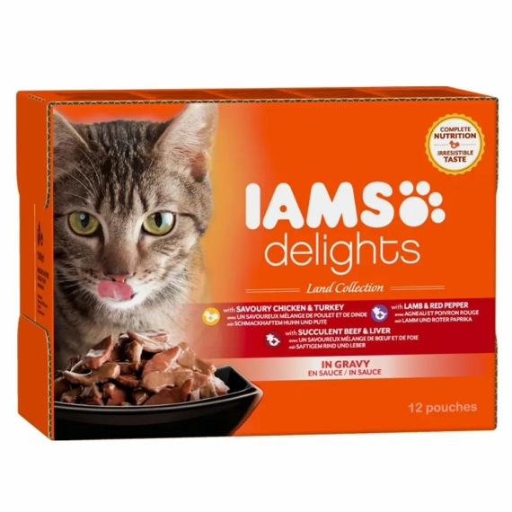 Iams Cat Delights LAND IN GRAVY multipack, többféle íz, ízletes szószban 12x85g – konzerves macskaeledel