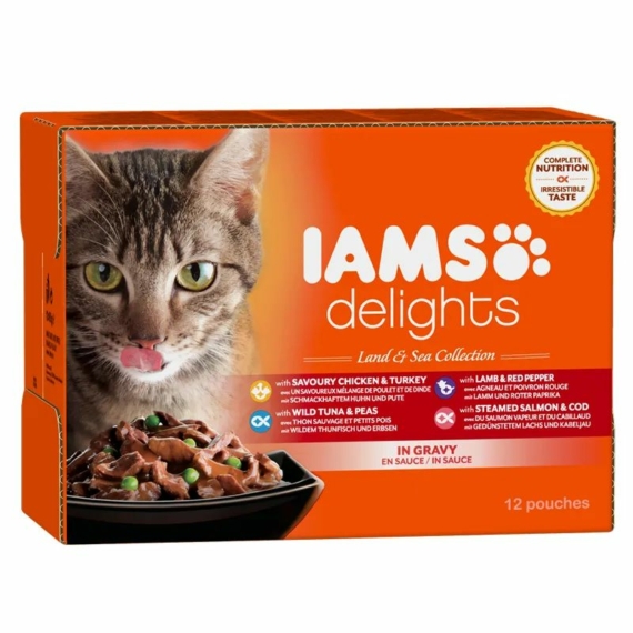 Iams Cat Delights LAND& SEA IN GRAVY multipack, többféle íz, ízletes szószban 12x85g – konzerves macskaeledel