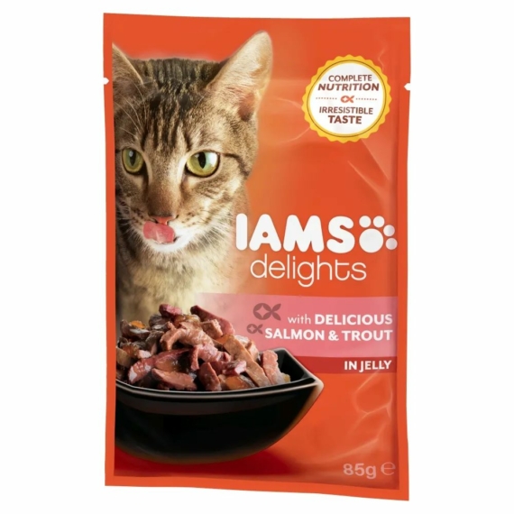 Iams Cat Delights Lazac És Pisztráng Aszpikban nedves macskatáp 85g – konzerves macskaeledel
