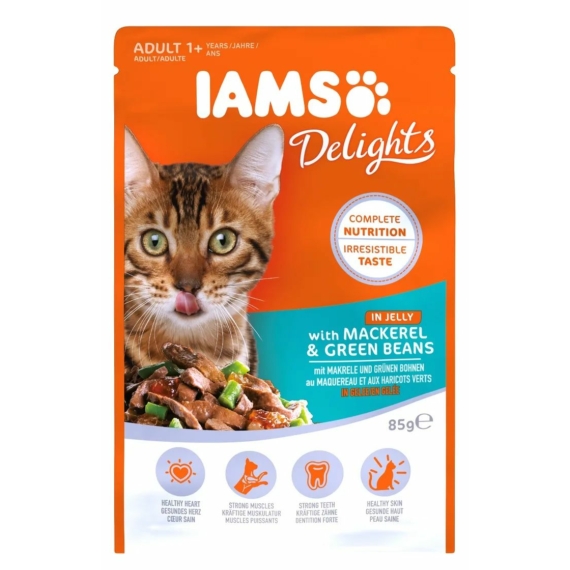 Iams Cat Delights Makréla és zöldbab falatok, zamatos aszpikban 85g – konzerves macskaeledel