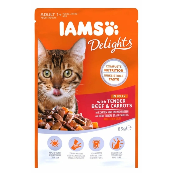 Iams Cat Delights Marhahús és répa falatok, zamatos aszpikban nedves macskatáp 85g – konzerves macskaeledel