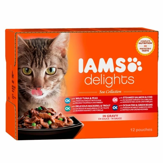 Iams Cat Delights SEA IN GRAVY multipack, többféle halas íz, ízletes szószban 12x85g – konzerves macskaeledel