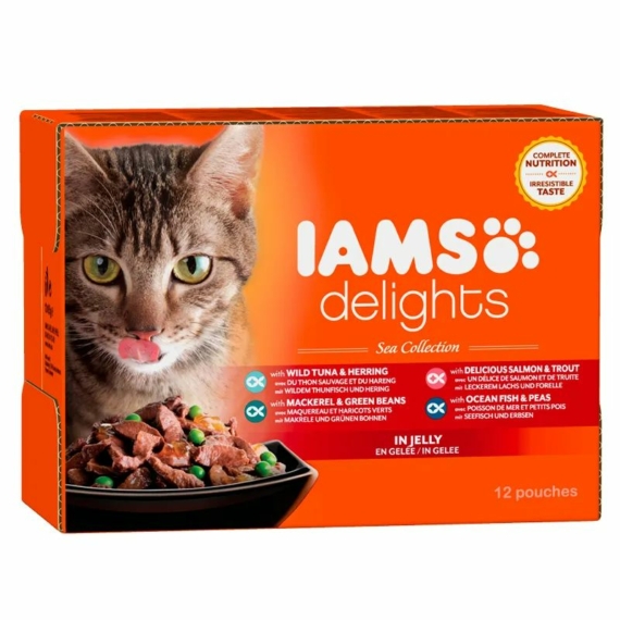 Iams Cat Delights SEA IN JELLY multipack, többféle halas íz, zamatos aszpikban 12x85g – konzerves macskaeledel