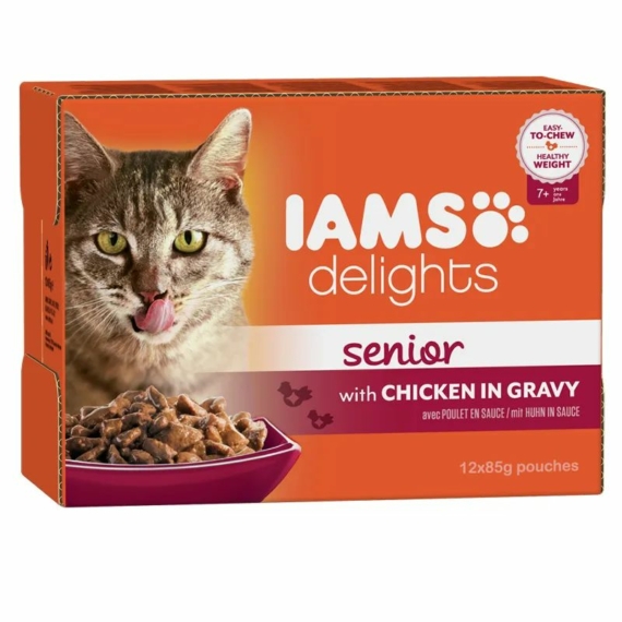 Iams Cat Delights Senior csirke falatkák ízletes szószban, multipack nedves macskatáp 12x85g – konzerves macskaeledel