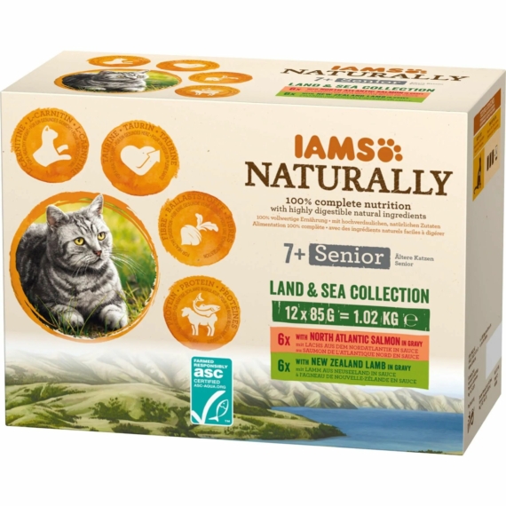 Iams Cat Naturally Senior Land&Sea 12*85gr – konzerves macskaeledel