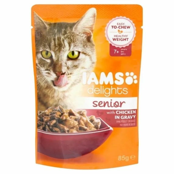 Iams Delights Senior Csirke Falatkák Ízletes Szószban nedves macskatáp 85g – konzerves macskaeledel