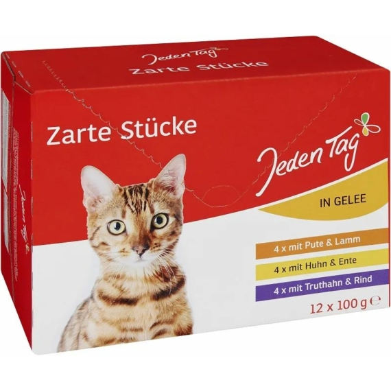 Jeden Tag Cat Adult Alutasak Multipack zselében 12x100g – konzerves macskaeledel