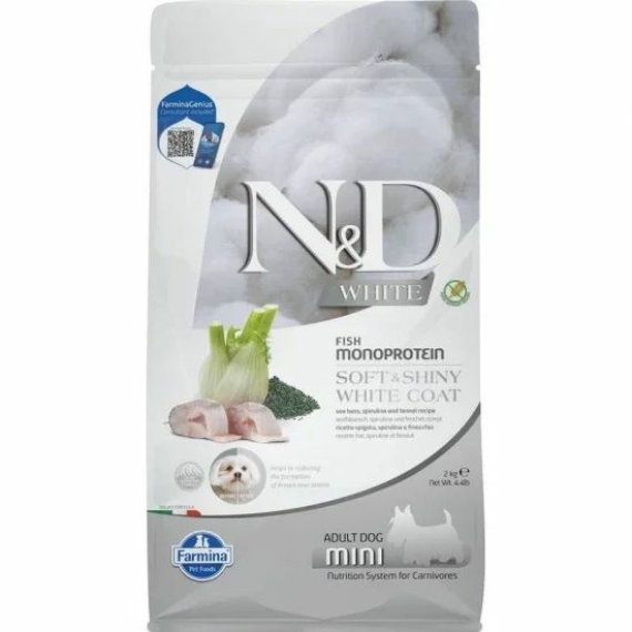 N&D White Dog tengeri sügér, spirulina & édeskömény adult mini 2kg – száraz kutyatáp