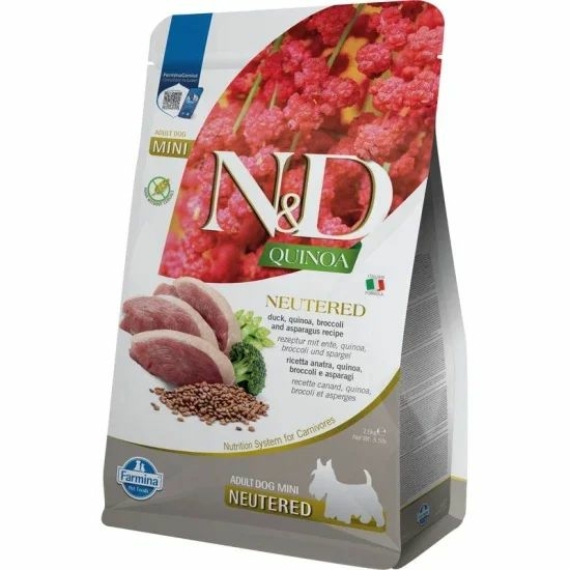 N&D Quinoa Dog Kacsa,brokkoli & spárga neutered adult mini 2,5kg – száraz kutyatáp