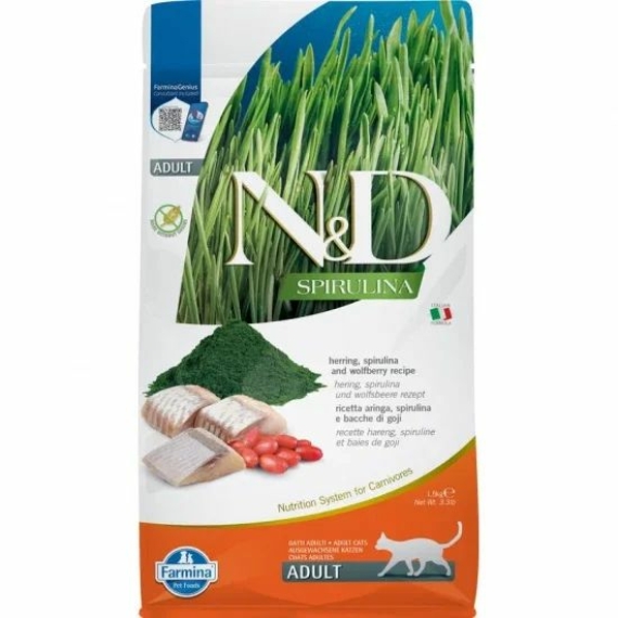 N&amp;D Spirulina Cat Adult hering 1,5kg – száraz macskatáp