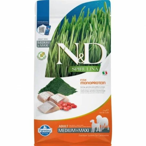 N&D Spirulina Dog hering adult medium/maxi 2kg – száraz kutyatáp