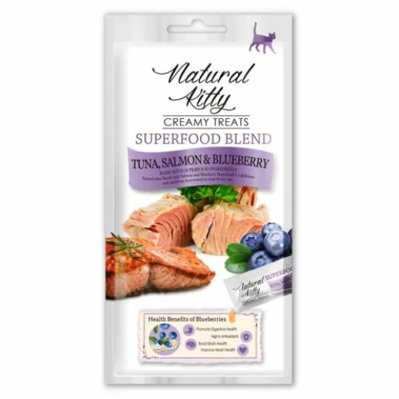 Natural Kitty Folyékony Jutalomfalat Tonhal Lazaccal és Áfonyával 4x12g – jutalomfalat kutyáknak