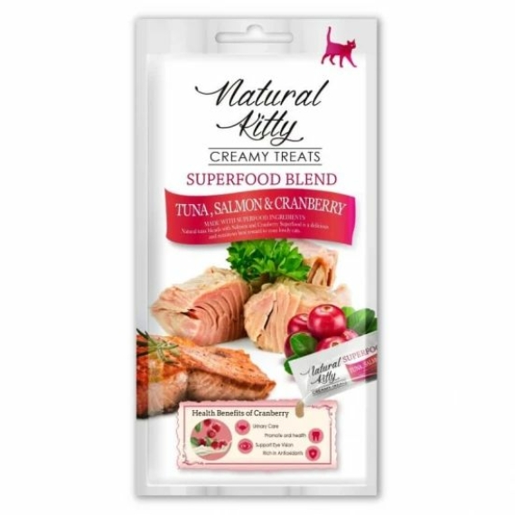 Natural Kitty Folyékony Jutalomfalat Tonhal Lazaccal és Vörösáfonyával 4x12g – jutalomfalat kutyáknak