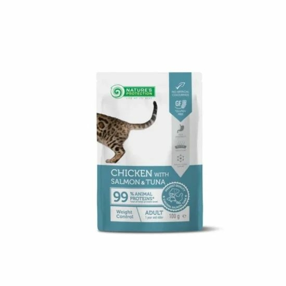 Natures Protection Adult Cat Chicken,salmon & tuna Weight Control 100g – konzerves macskaeledel