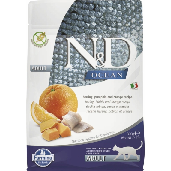 N&amp;D Cat Ocean hering, sütőtök, narancs adult 300g – száraz macskatáp