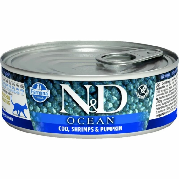 N&D Cat Ocean konzerv tőkehal&garnélarák sütőtökkel 80g – konzerves macskaeledel