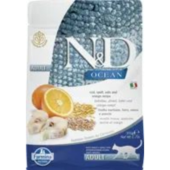 N&amp;D Cat Ocean tőkehal, tönköly, zab&amp;narancs adult 300g – száraz macskatáp