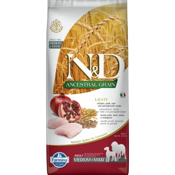 N&D Dog Ancestral Grain csirke, tönköly, zab&gránátalma adult light medium/maxi 12kg – száraz kutyatáp